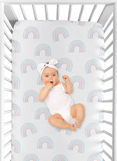 Sweet Jojo Designs Pastel Rainbow Girl Fitted Crib Sheet Baby or Toddler Bed Nursery - Blush Pink, Purple, Teal, Blue and White...