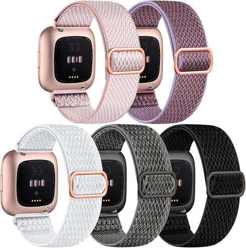 DaQin Elastic Sport Nylon Band Compatible with Fitbit Versa 2 Watch Bands Women Men, 5 Pack Adjustable Stretchy Solo Loop Wristband for Versa/Vers...