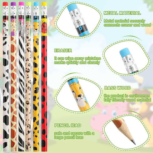 Zhehao 36 Pcs Jungle Theme Pencils Back to School Animal Print Pencils with Eraser Wood Safari Pencils Bulk Jungle Animal Birthday Party Favor Sup...