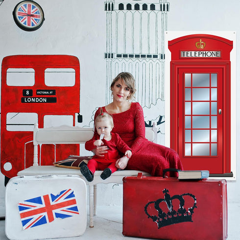 English Phone Booth Door Cover, Large Fabric Red Telephone Box Door Cover Home Jointed Phone Box Decor Banner for Photo Backdrop British Internati...