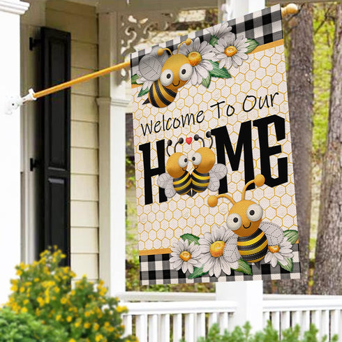 Welcome to Our Home Bumble Bee Spring Summer Decorative Large House Flag, Buffalo Plaid Check Daisy Home Outside Garden Yard Decorations, Farmhous...
