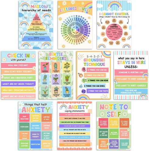 BirtDerr 10 Pcs Rainbow Mental Health Posters, Psychological Wall Decor, Therapy Office Decor, Counseling Office Must Haves, School Counselor Supp...