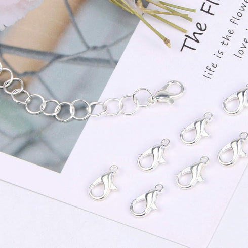 400PCS Lobster Claw Clasps with Open Jump Rings Kit, Bracelet Necklace Silver Fasteners Hooks for DIY Craft Jewelry Making, 12mmX7mm...
