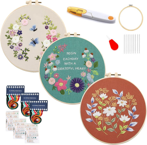 Maydear 3 Pack Embroidery Starter Kit with Pattern, Stamped Cross Stitch Kits for Beginners Adults with Embroidery Hoop and Instructions, Hand Emb...
