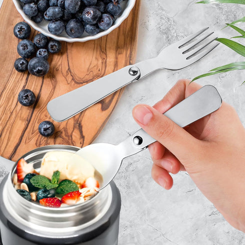 2pcs Replacement Spoons and 1pc Fork Compatible with Thermos Funtainer 10oz Insulated Food Jar, Stainless Steel Metal Folding Spoon Portable Folda...