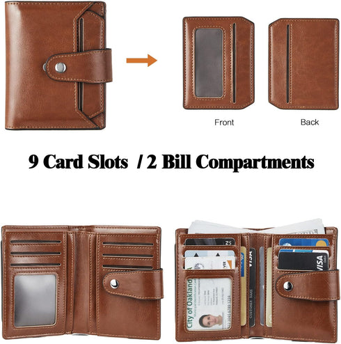 BROMEN Small Wallets for Women RFID Blocking Leather Bifold Purse Zipper Coin Pocket Credit Card Holder with ID Windows Brown...