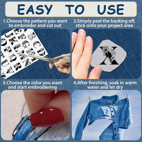 CRASPIRE 2 Sheets Floral A-Z letters Water Soluble Embroidery Stabilizers 52Pcs Patterns Hand Sewing Stick and Stitch A4 Transfers Fabric Wash Awa...