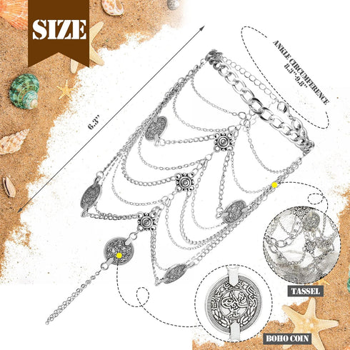 4 Pairs Barefoot Sandals Foot Jewelry Beach Summer Tassels Anklet Chain Bracelet Wedding Multi Chain Boho Coin Anklet Bracelet for Women Girl Acce...