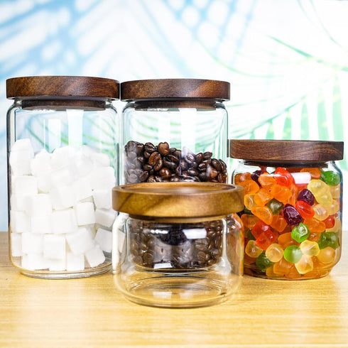Glass storage jars with wooden lids, food storage jars, glass kitchen jars, transparent containers for coffee bean storage, biscuit/candy/spice/te...
