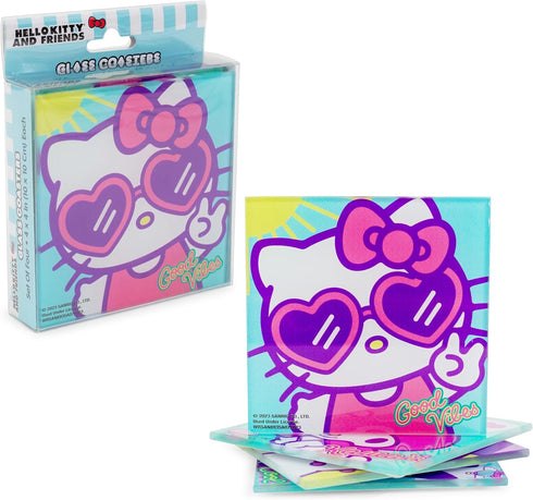 Sanrio Hello Kitty and Friends Glass Coasters for Drinks, Set of 4 | Home and Kitchen Tabletop Protection...
