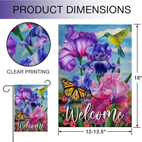 Welcome Spring Hummingbird Iris Garden Flag Double Sided, Purple Flower Bird Yellow Butterfly Decorative House Yard Outdoor Small Decor, Summer Fl...