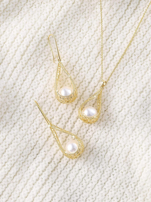 14MM Big Pearl Necklace and Earring Sets for Women Glod Plated Jewelry Set...