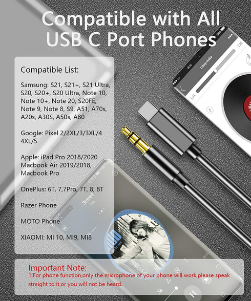 USB C to 3.5mm Audio Aux Jack Cable, USB C to 3.5mm Headphone Audio Cord Car Stereo Aux Cable Compatible with iPhone 15/15 Pro Max, Google Pixel 8...