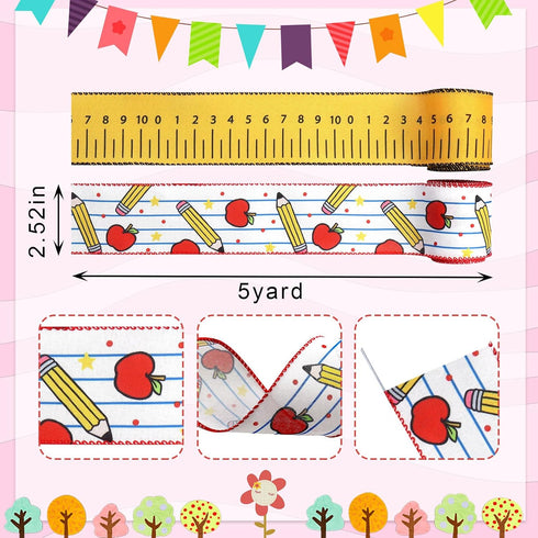 2 Rolls 10 Yards Back to School Wired Edge Ribbon, 2.5inch Yellow Ruler Burlap Ribbon Apple Pencil Gift Wrapping Ribbon for First Day of School Pa...