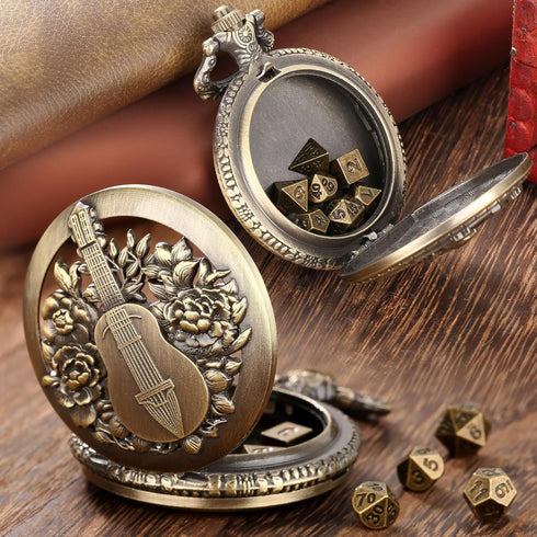 Mini DND Dice Set Steampunk Hollow Bard Pocket Watch Shell Case, 7pcs Tiny Polyhedral Metal D&D Dice Set, Dungeons and Dragons Gifts with Gift Box...