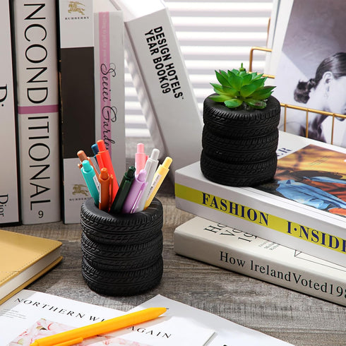 4 Pcs Tire Shaped Pen Holder Car Tire Pencil Holder Black Stack Stationery Accessories for Desk Kids School Office Decor Christmas Gift Supplies N...