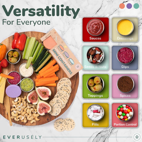 Everusely Condiment Cups - 3 Pack, 1.7 oz / 50 ml, Bright, Stainless Steel - Condiment Containers with Lids - Reusable Salad Dressing Container To...