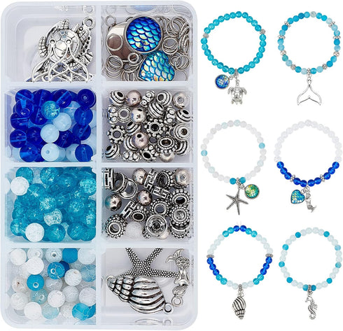 SUNNYCLUE 1 Box 270Pcs Bracelet Making Kit Ocean Theme Bracelet Set Colorful 6mm Glass Beads Turtles Mermaids Starfish Charms for Jewelry Marking ...