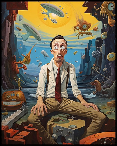 Posterizer 1 pcs-Surrealist art of a man with aliens-flying cars-Abstract & Modern Art-Fantasy & Fiction Art-Gift for Art Lovers-Decor for Home & ...