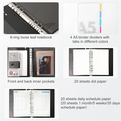CAGIE A5 Binder 6 Ring Binder Notebook with Dividers Refillable Planner Binder with Pockets, A5 Refill Paper Include Planning Square Ruled and Dot...