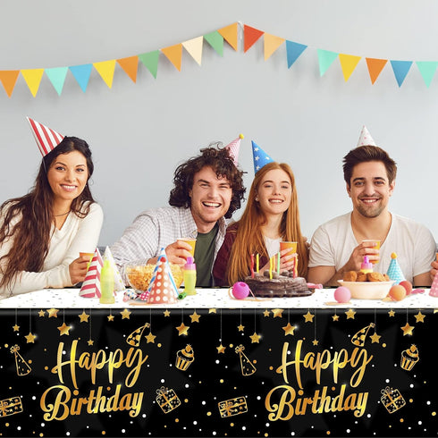 Ruisita 2 Pack Black Gold Table Cloth Cover Happy Birthday Tablecloth Party Tablecloths Rectangular Table Cloth Cover for Indoor or Outdoor Partie...
