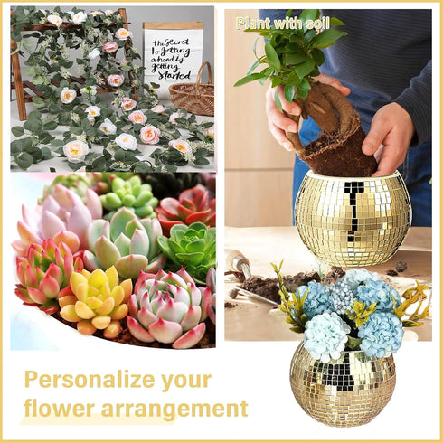 Disco Ball Planter Gold,Disco Ball Vase,Disco Ball Plant Pot,Disco Ball Flower Pot,Mosaic Glass Mirror Ball Planter,Disco Decor Candle Holder Vase...