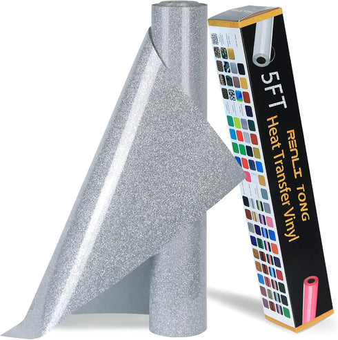 RENLITONG Silver Glitter HTV Heat Transfer Vinyl Rolls - 12 Inch x 5 feet Iron on Vinyl for T-Shirt and Silhouette, Easy to Cut & Weed for Heat Tr...