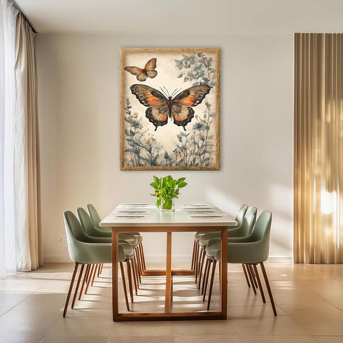 Posterizer 1 pcs- Two orange butterflies with blue wild flowers-Art for Animal Lovers-Floral Botanical Art- Gift for Men Women Teens-Decor for Ho...