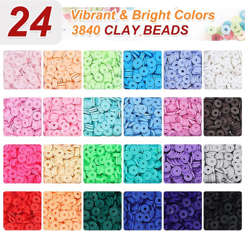 QUEFE 4500pcs Clay Heishi Beads for Bracelet Making, 24 Colors Flat Round Polymer Clay Beads 6mm Spacer Beads with Pendant Charms Kit for Jewelry ...