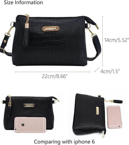 PORT&LOTUS Casual Crocodile Pattern Crossbody Bags Tassels Zipper Shoulder Bag Ladies Purses for Women...