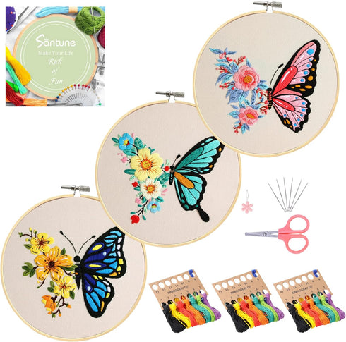 Santune 3 Pack Embroidery Kit for Beginners Adults Cross Stitch Kits for Beginners Hand Embroidery with Butterfly Patterns and Instructions DIY Ki...