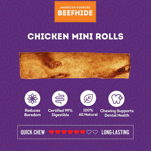 American Sourced Beefhide Mini Rolls 3-3.5" Dog Chew Treats - Chicken Flavor, 40 Count/1 Pack...