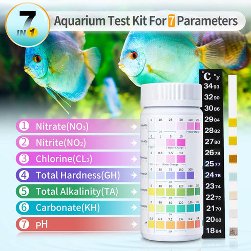 7 in 1 Aquarium Test Kit for Freshwater and Saltwater - 125 Aquarium Test Strips with Test Tube & Thermometer - Fast & Accurate Water Testing Stri...