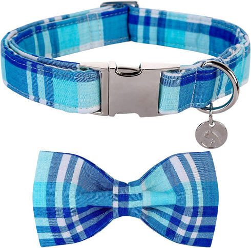 Plaid Dog Collar with Bow tie-Summer Cotton Dog Collar Blue Plaid Pet Collar Comfortable Cute Dog Collar for Small Medium Large Dog...