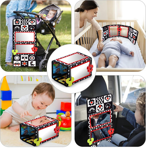 Tummy Time Floor Mirror with Teethers, Double-Sided Baby Mirror Black and White High Contrast Baby Toys for Babies, Baby Montessori Toys Crawling ...