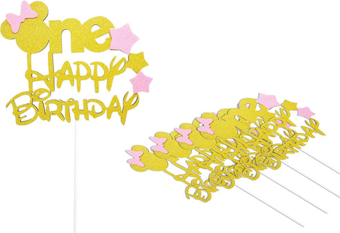 Glitter Gold Pink One Cake Topper for Girls First Birthday Minnie Party Cake Decorations...