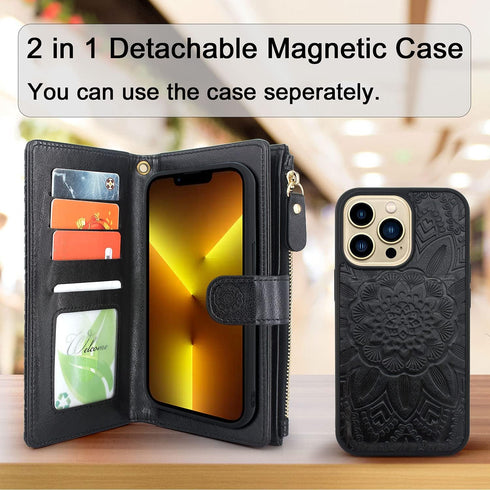 Harryshell Compatible with iPhone 13 Pro 6.1 inch 5G 2021 Wallet Case Detachable Magnetic Cover Zipper Cash Pocket Multi Card Slots Holder Wrist S...