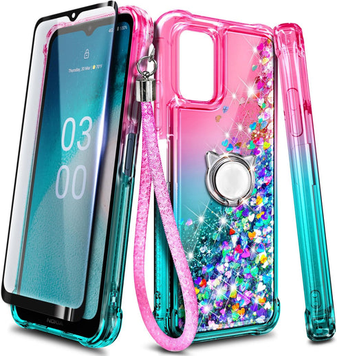 NZND Compatible with Nokia C300 (N155DL) Case, Nokia G100 (N150DL) with Tempered Glass Screen Protector, Ring Holder/Wrist Strap, Glitter Liquid F...