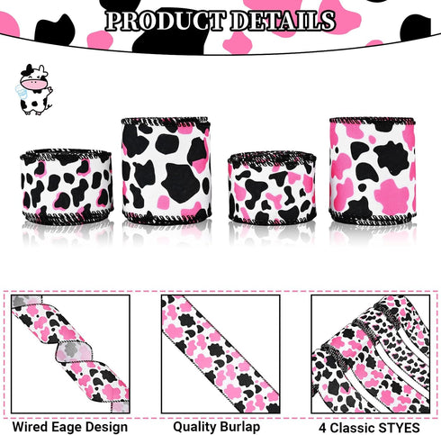 4 Rolls 20 Yards Pink Cow Print Wired Edge Ribbons Black White Pink Cow Spot Pattern Ribbons Cow Print Ornaments Fabric Ribbons Animal Print Ribbo...