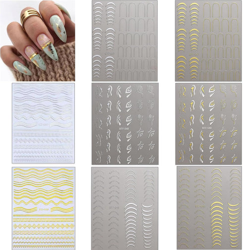 Gold Nail Art Stickers Metallic Line Nail Decals 3D Self-Adhesive Gold Silver Curve Stripe Wave Nail Design Luxury French Tip Manicure Nail Art Su...