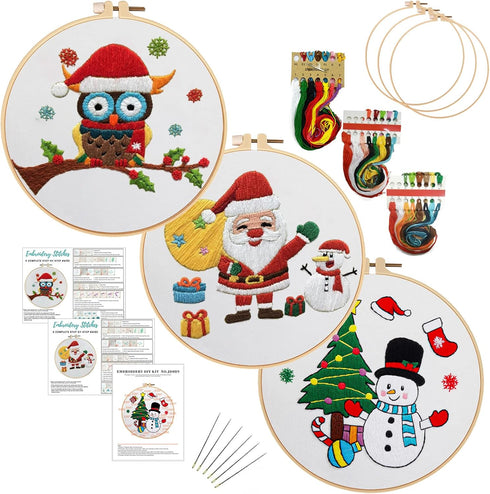 Nuberlic 3 Pc Christmas Embroidery Kit for Beginner Adults Kids with Santa Snowman Owl Patterns Stamped Cross Stitch Kits with 3 Embroidery Hoops ...