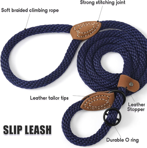 Mile High Life Slip Leads for Dogs | Heavy Duty Dog Training Leash | 6 Feet No Pull Slip Leashes w Leather Tip | Navy Rope Lead for Dogs Outside...