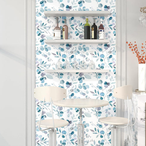 Blue Leaf Wallpaper Peel and Stick Vintage Leaf Contact Paper White Greenery Floral Wallpaper Waterproof Self-Adhesive Wall Covering for Bedroom C...