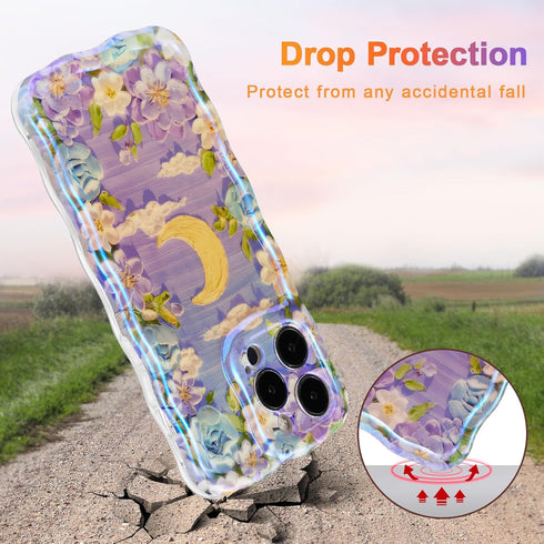 EYZUTAK Case for iPhone 13 Pro Max, Colorful Retro Oil Painting Flower Moon Pattern Laser Cute Curly Wave Edge Exquisite Phone Cover Stylish Durab...