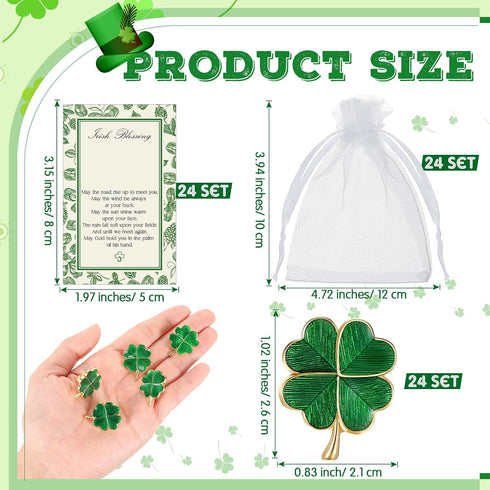 72 Pcs St. Patrick's Day Clover Lapel Pins Include Four Leaf Clover Lapel Pin Brooches with Blessing Cards and Organza Gift Bags Irish Four Leaf C...