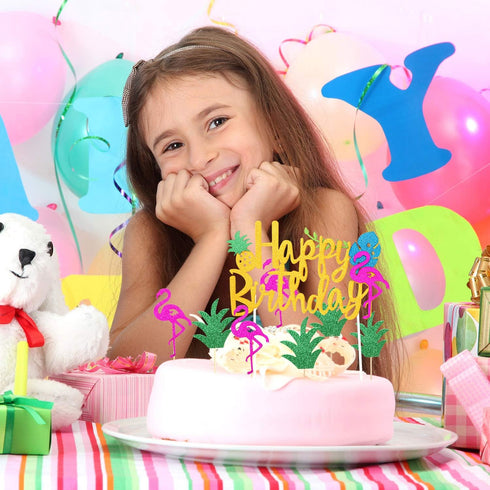 Maitys 25 Pcs Tropical Cupcake Decoration Hawaiian Luau Aloha Cake Toppers Glitter Leaf Pineapple Flower Palm Tree Flamingo Cupcake Picks for Hawa...