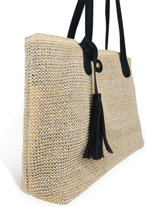Women Straw Summer Beach Bag Handwoven Big Tote Leather Shoulder Handbag with Tassel Decorate...