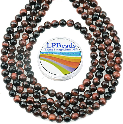 LPBeads 200Pcs Polished 6mm Round Natural Brown Red Tiger Eye Gemstone Loose Beads with Stretch Cord for Jewelry Making Bracelets...