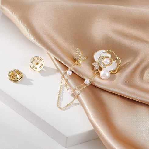 Golden Flower Pearl Brooch Pins for Women Chain Butterfly Cameo Copper Lapel Brooch Pins...