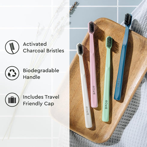 Boka Classic Manual Toothbrush with Extra Soft Activated-Charcoal, Tapered Bristles, Bioplastic Handle That Includes Travel Cap, Dentist-Approved,...